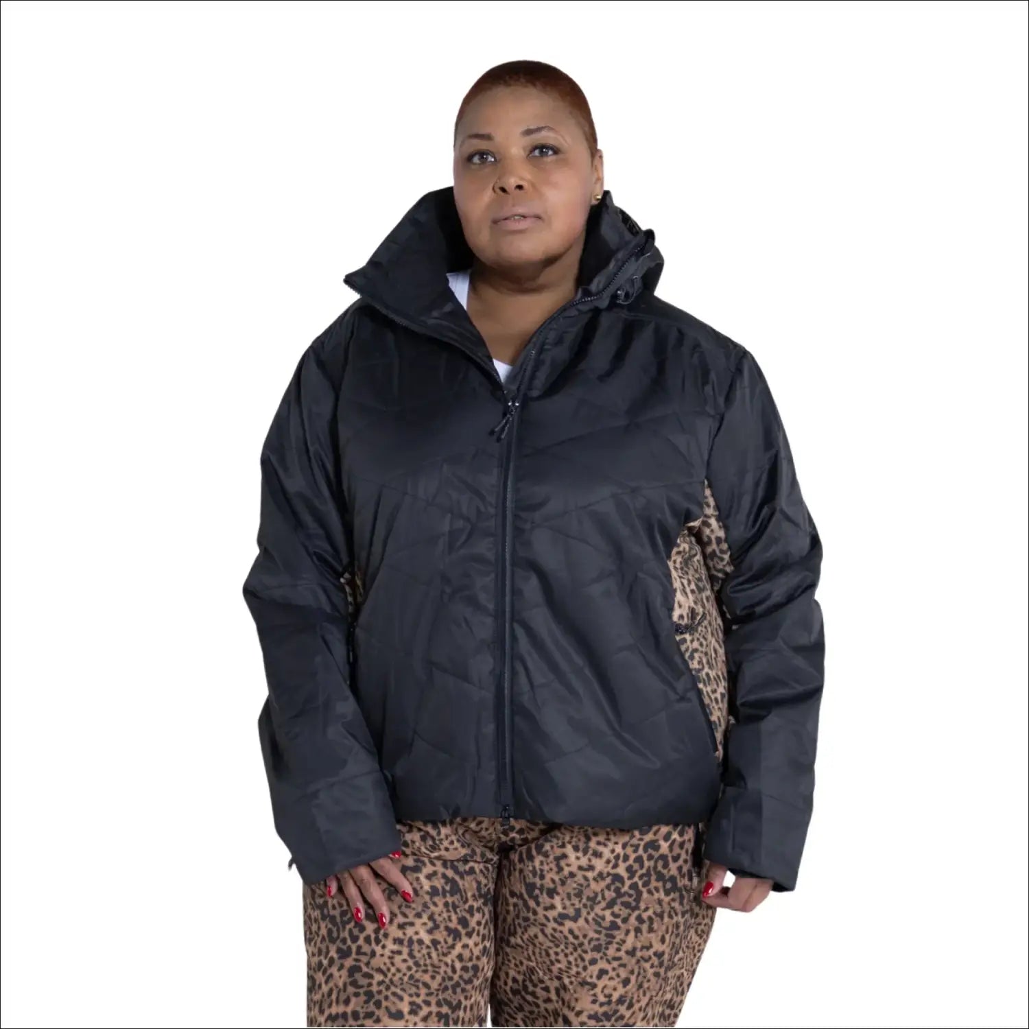 Black and leopard print puffer jacket from Women’s Plus Size Gemini Insulated Winter Snow Ski Coat