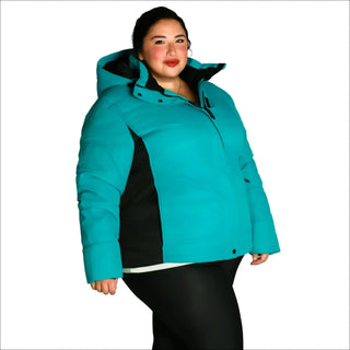 Teal Puffer Jacket with Black Accents for Snow Country Outerwear Womens Aspen Ski Coat