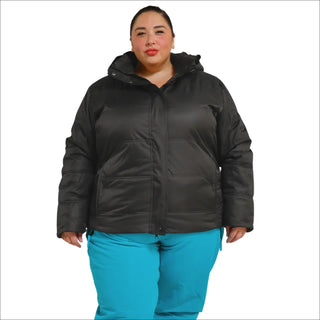 Black hooded puffer jacket with blue pants from Snow Country Outerwear Womens Aspen Ski Jacket