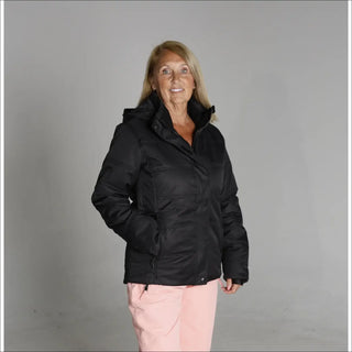 Black hooded puffer jacket from Snow Country Outerwear Women’s Aspen ski coat