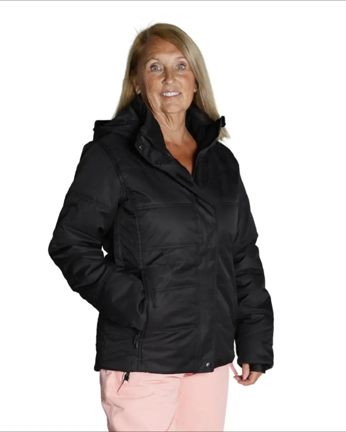 Black hooded puffer jacket from Snow Country Outerwear Women’s Aspen winter ski coat