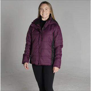 Woman’s plum-colored puffer jacket from Snow Country Outerwear The Aspen Ski Coat