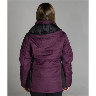 Plum-colored puffer jacket with black accents from Snow Country Outerwear Women’s Aspen Coat