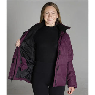 Plum puffer jacket with black lining from Snow Country The Aspen insulated ski coat