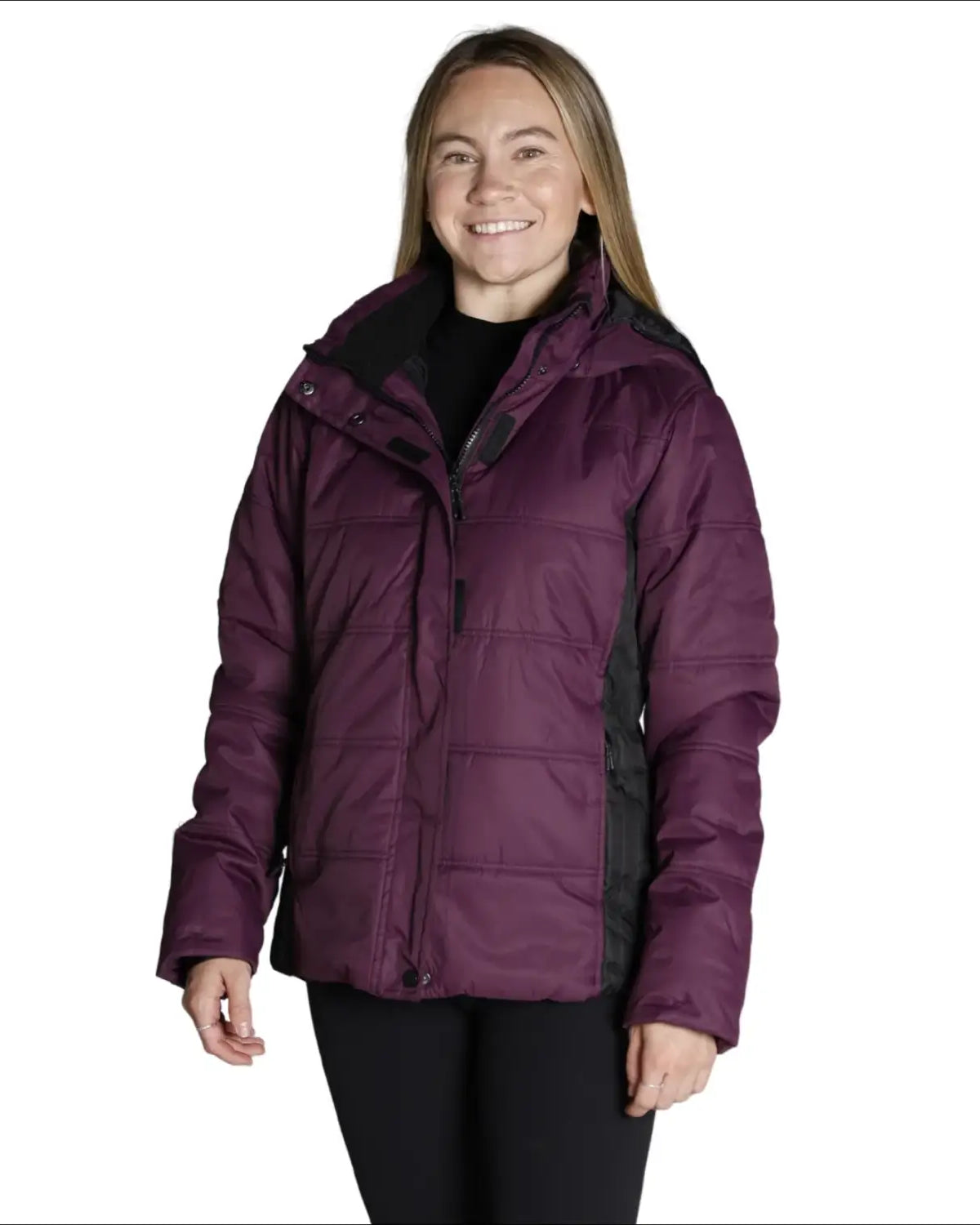 Plum-colored quilted winter ski jacket for women from Snow Country Outerwear Aspen collection