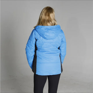 Blue and black hooded puffer jacket from Snow Country Outerwear Women’s Aspen Ski Coat