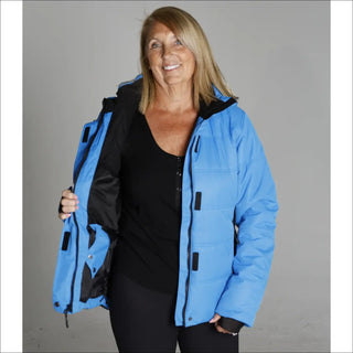 Blue puffer jacket with black lining from Snow Country Outerwear Women’s Aspen Ski Coat
