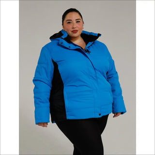 Blue and black puffer jacket from Snow Country Outerwear Women’s Aspen Ski Coat