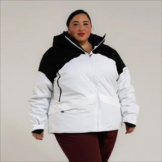 Black and white puffer jacket for women’s plus size winter ski snow coat