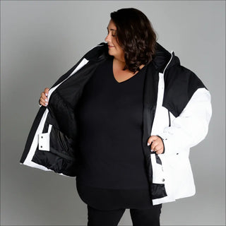 Black and white insulated winter ski jacket displayed in product Women’s Plus Size 1X-4X Snow Coat