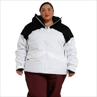 Black and white hooded insulated winter ski jacket for women in plus sizes 1X-4X