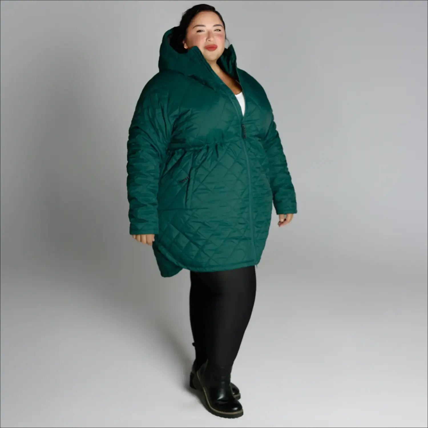 Emerald green quilted puffer coat for women’s plus size transitional mid-weight jacket
