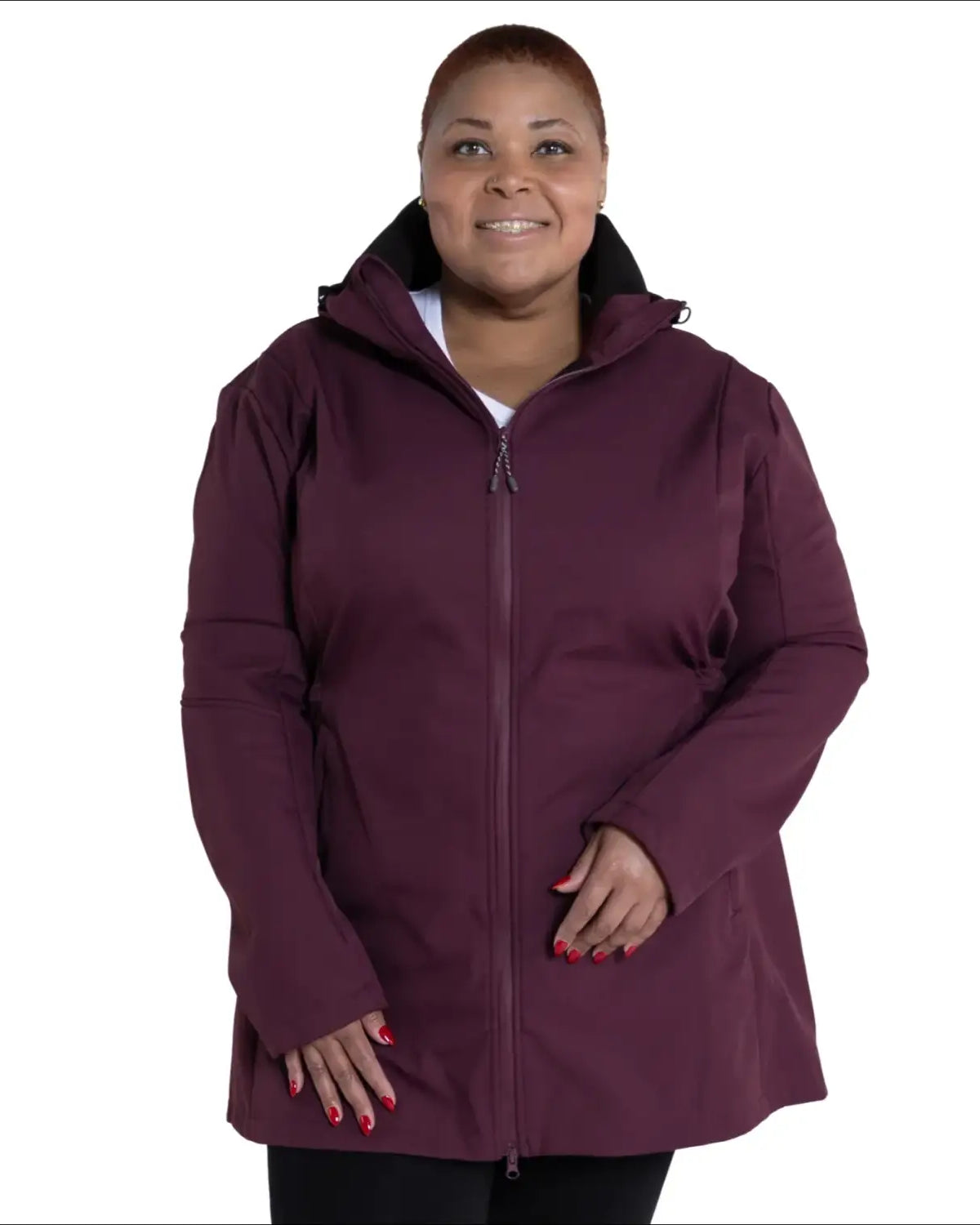 Burgundy plus-size softshell jacket for women in Stowe 1X-6X mid-length style