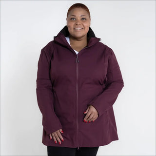 Burgundy hooded rain jacket for women Plus Size Stowe Mid Length Soft Shell Jacket