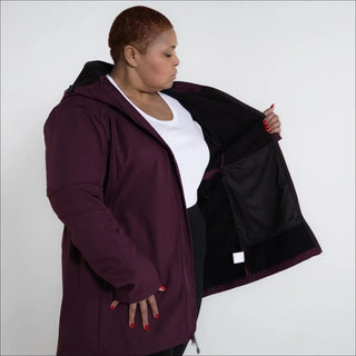 Women’s Plus Size Stowe 1X-6X Burgundy hooded raincoat with black lining