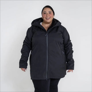 Black hooded winter coat from Women’s Plus Size Stowe Mid Length Soft Shell Jacket