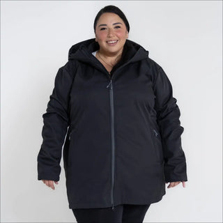 Plus size black hooded winter coat from Women’s Stowe Mid Length Soft Shell Jacket