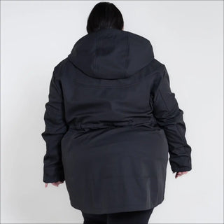 Black hooded parka from Women’s Plus Size Stowe Mid Length Soft Shell Jacket