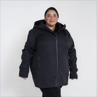 Women’s Plus Size Stowe 1X-6X Mid Length Soft Shell Black Hooded Winter Coat