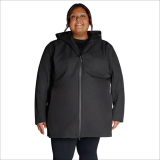 Black hooded raincoat from Women’s Plus Size Stowe Mid Length Soft Shell Jacket
