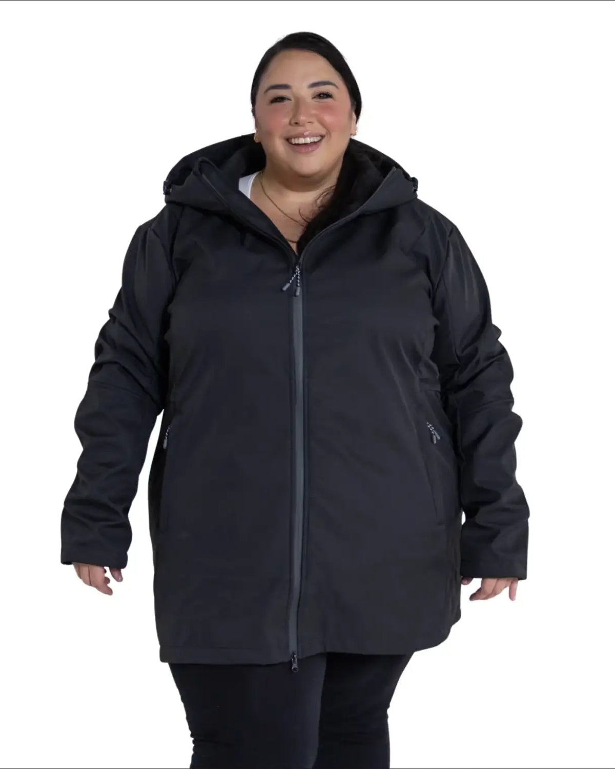 Black hooded rain jacket from Women’s Plus Size Stowe Mid Length Soft Shell Jacket