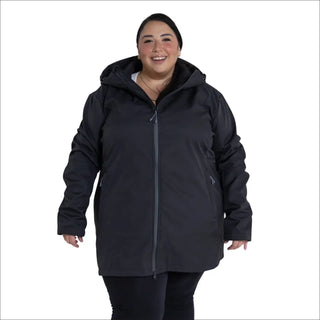 Black hooded rain jacket from Women’s Plus Size Stowe Mid Length Soft Shell Jacket