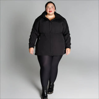 Plus size women wearing black jacket and leggings outfit featuring Stowe Mid Length Soft Shell Jacket
