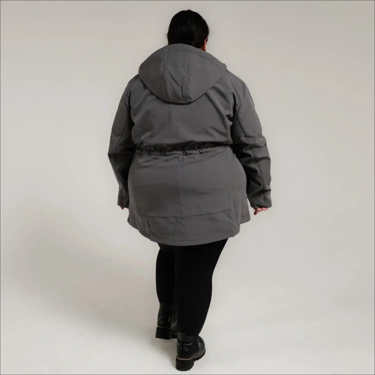 Gray hooded parka from Women’s Plus Size Stowe Mid Length Soft Shell Jacket collection