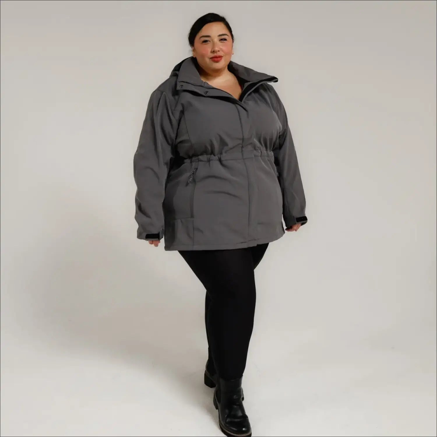 Gray hooded parka from Women’s Plus Size Stowe Mid Length Soft Shell Jacket collection