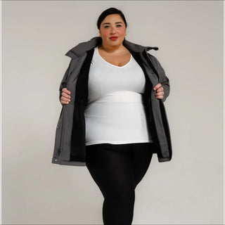 Woman in gray coat wearing Women’s Plus Size Stowe Mid Length Soft Shell Jacket