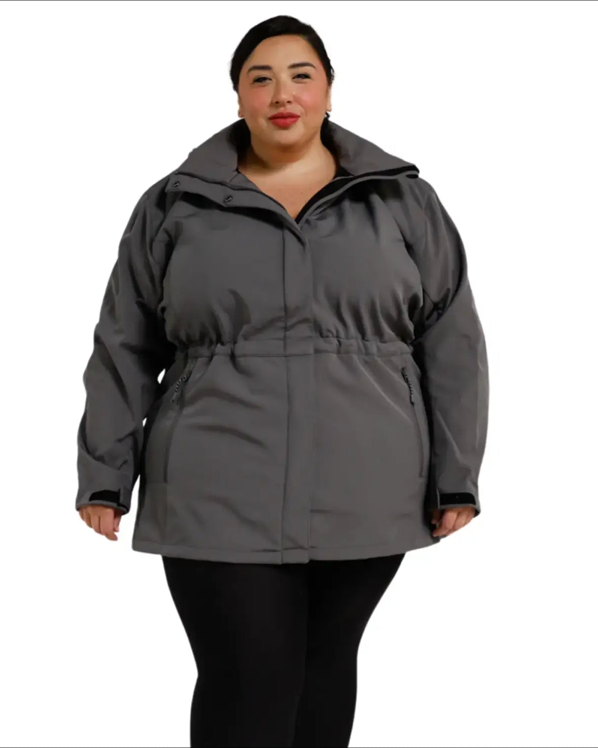 Woman wearing a gray Plus Size Stowe 1X-6X Mid Length Soft Shell Jacket
