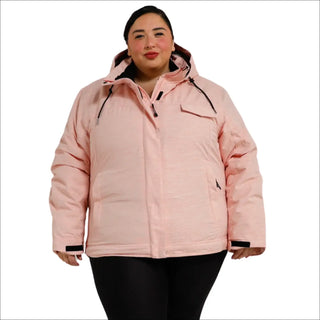 Woman wearing a pink puffer jacket from the Women’s Plus Size Insulated Snowboard Ski Coat collection