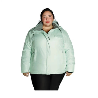 Mint green plus size insulated snow board ski coat for women in sizes 1X to 6X