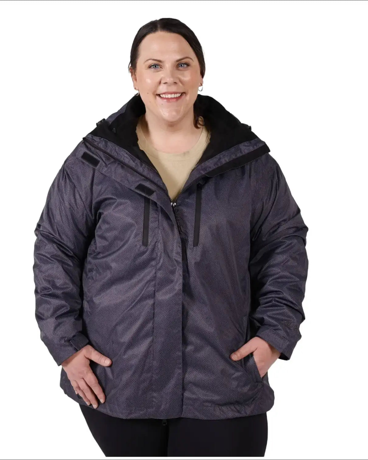 Woman in Gray Hooded Jacket from Pulse Women’s Plus Size 3in1 Boundary Ski Jacket Coat