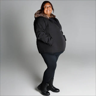 Black winter coat with fur trim from Women’s Plus Size Alta Faux Fur Soft Shell Jacket Coat Fall Spring