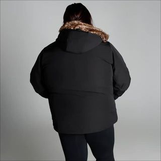Plus size women’s black faux fur trim parka jacket for fall and spring seasons