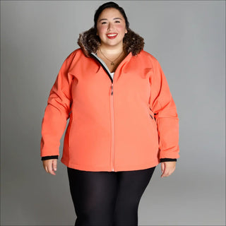 Coral-colored hooded plus size faux fur soft shell jacket for women in fall and spring