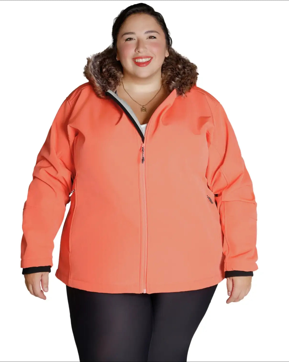 Coral-colored winter jacket with fur-trimmed hood from Womens Plus Size Alta Faux Fur Coat