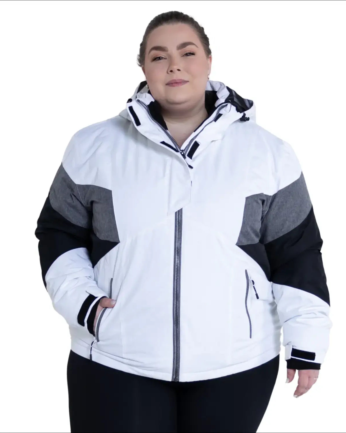 White gray and black hooded winter jacket from Snow Country Outerwear for women