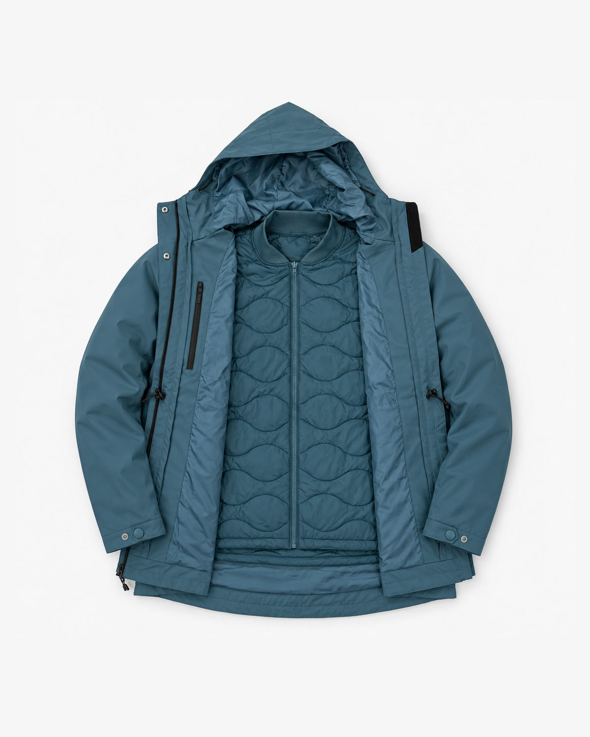 Peacock Swiss Systems women's plus size 3 in 1 winter jacket, open with the removable quilted liner zipped in