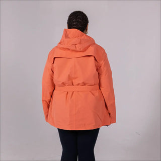 Orange belted hooded jacket from Snow Country Outerwear Women’s Rain Jacket collection