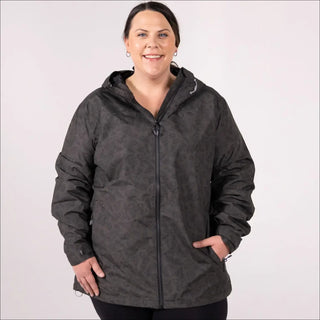 Woman’s hooded camouflage jacket from 1X-2X Plus Size Rain Jacket collection