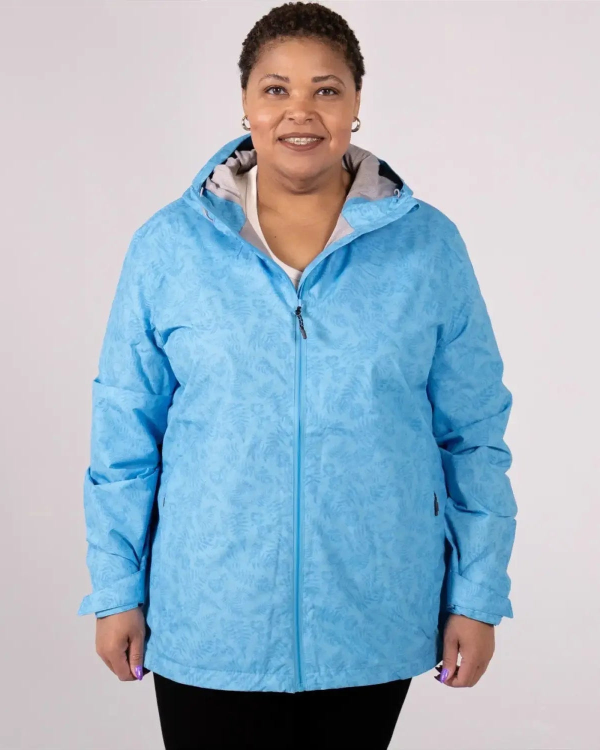 Light blue patterned plus size rain jacket waterproof wind breaker for women