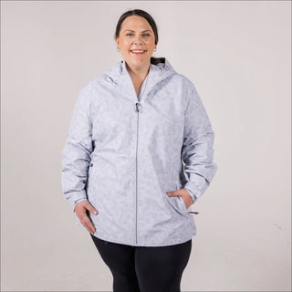 Light gray patterned hooded rain jacket for women plus size waterproof wind breaker