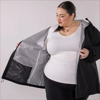 Women’s Plus Size Waterproof Rain Jacket with Black exterior and Gray lining