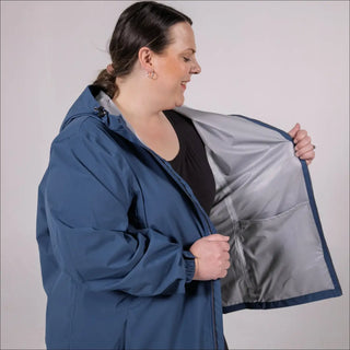 Plus size blue hooded waterproof rain jacket for women Camden Spring Fall collection