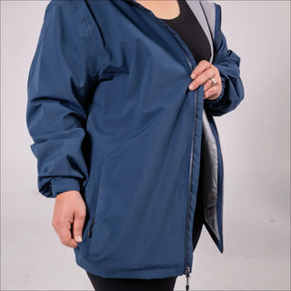 Women’s plus size blue waterproof rain jacket with hood for spring and fall weather