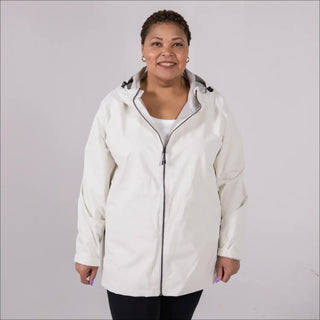 Woman in a hooded white waterproof rain jacket Camden Spring Fall Plus Size 1X-6X