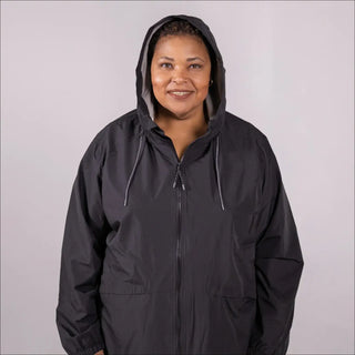 Plus size black hooded rain jacket with windbreaker and windguard features