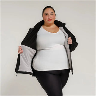 Black rain jacket with gray lining for women in Plus Size 2X-6X, windbreaker coat